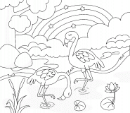 Flamants roses devant un arc-en-ciel - coloriage n° 1010