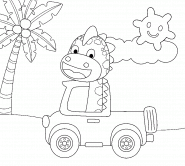 Dinosaure au volant d'une voiture sur la plage - coloriage n° 1281