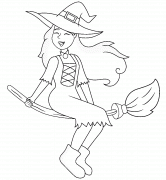 Jolie sorcière volant sur un balai magique - coloriage n° 1438