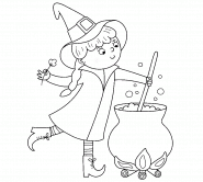 Petite sorcière concoctant de la potion magique - coloriage n° 1445