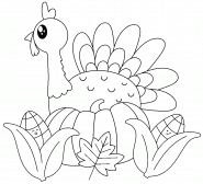 Dinde Kawaii (avec une citrouille et du maïs) - coloriage n° 1473