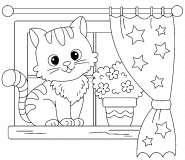 Joli chat sur le rebord de la fenêtre - coloriage n° 1538