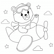 Petit ours volant dans un avion à hélice - coloriage n° 1547