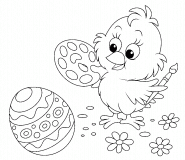 Petit poussin peignant un œuf de Pâques - coloriage n° 1558