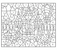 Montgolfière survolant un château - Coloriage Magique