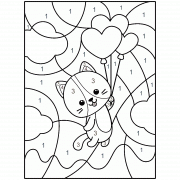 Chaton mignon et ballons rouges - Coloriage Magique (jeu en ligne)