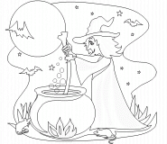 Sorcière et son chaudron bouillonnant - coloriage n° 210