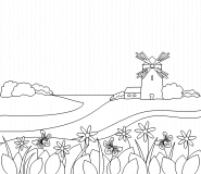 Paysage printanier avec un moulin à vent - coloriage n° 310