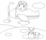 Aviateur en herbe survolant  des prairies - coloriage n° 328