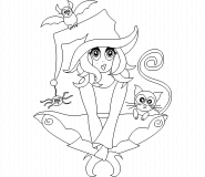 Sorcière avec un chat et une chauve souris  - coloriage n° 352