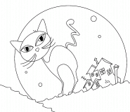 Chat noir sur un toit, une nuit de pleine lune - coloriage n° 509