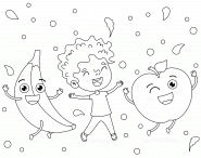Garçon dansant avec une pomme et une banane - coloriage n° 765