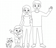 Famille heureuse et leur petit chat tigré - coloriage n° 770