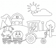 Animaux de la ferme tirés par un tracteur jaune - coloriage n° 784