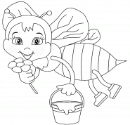 Abeille avec un pot de miel et une fleur - coloriage n° 911