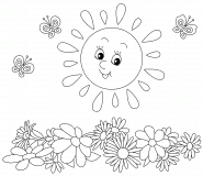 Soleil souriant avec des fleurs et des papillons - coloriage n° 957